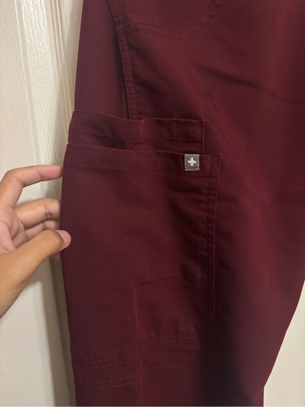Figs Wide Leg Scrub Pants in Burgundy with Gray Drawstrings - Picture 3 of 6